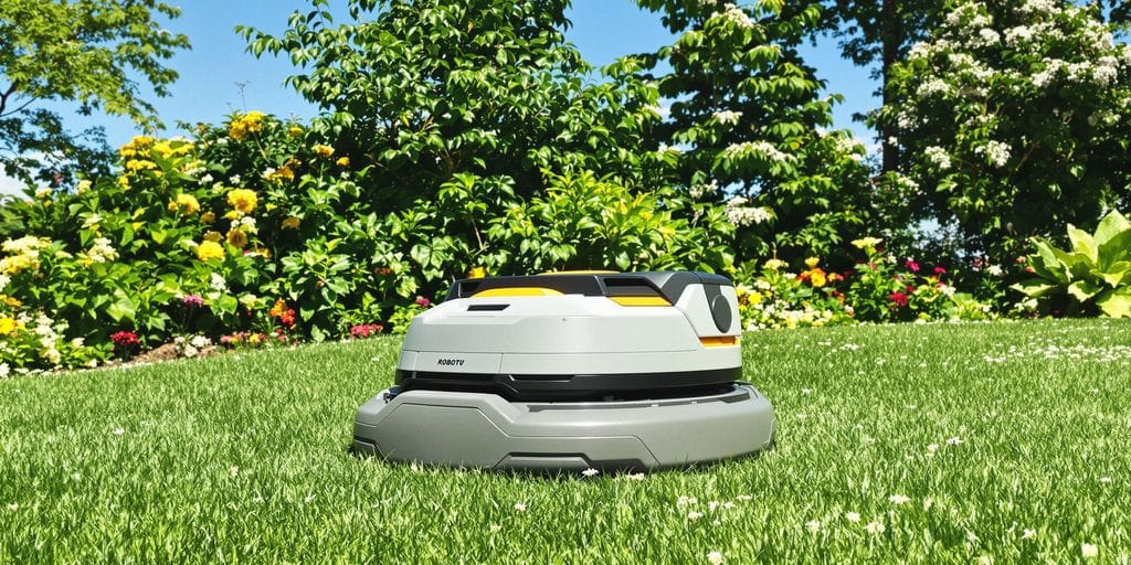 Robotgräsklippare på gräsmattan med blommor och träd.