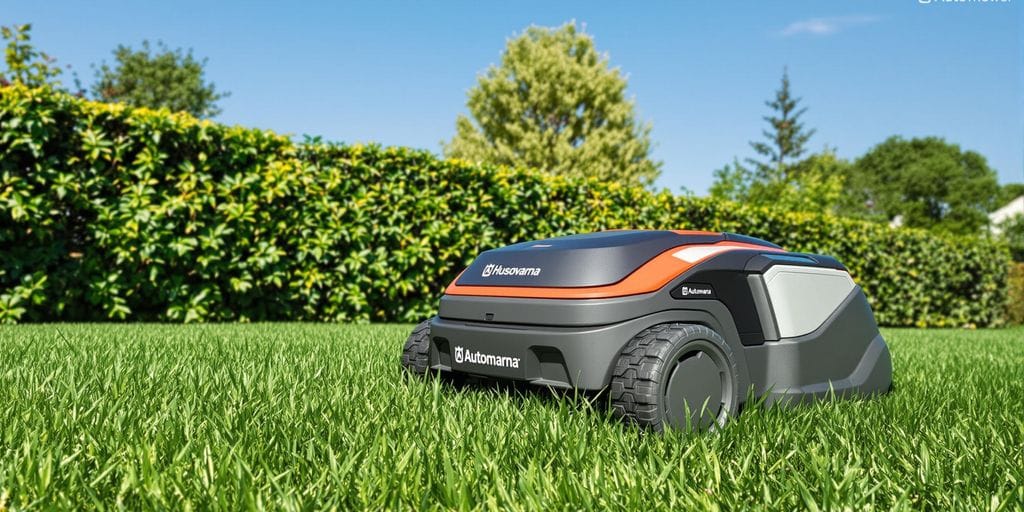 Husqvarna Automower klipper gräset i en trädgård.