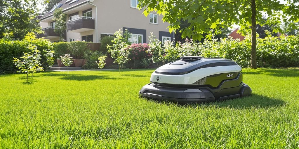Robotgräsklippare på grön gräsmatta i Stockholm.