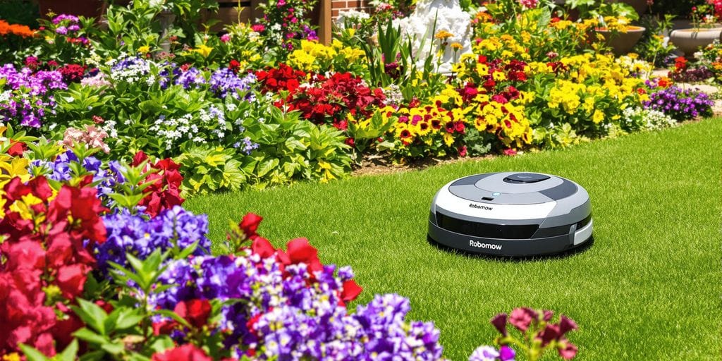 Robomow robotgräsklippare på grön gräsmatta i trädgård.